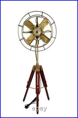 48 Vintage Brass Electric Pedestal Fan With Wooden Tripod Stand For Home Decor