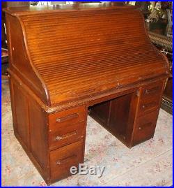 Antique Arts + Crafts Serpentine Roll Top Panel Desk Office Study Executive