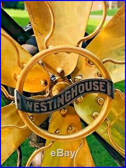 Antique Brass 6 Blade Electric 3 Speed Oscillating Fan Brass Cage Westinghouse