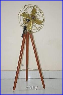 Antique Brass Electric Floor Fan With Wooden Tripod Stand Vintage Wasting house