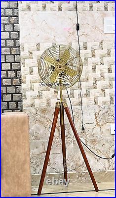 Antique Brass Electric Floor Fan with Wooden Tripod Stand Handmade Floor Fan