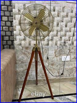 Antique Brass Electric Floor Fan with Wooden Tripod Stand -Handmade Floor Fan