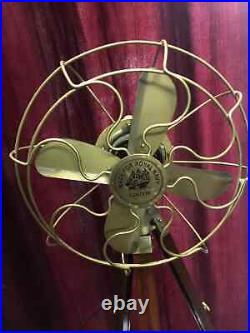 Antique Brass Fan With Wooden Tripod Stand Working Nautical For Home Office Use