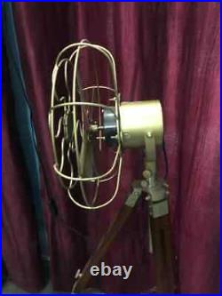 Antique Brass Fan With Wooden Tripod Stand Working Nautical For Home Office Use