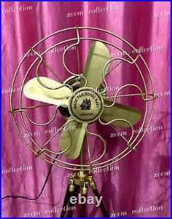 Antique Brass Pedestal Floor Fan Vintage Style With Wooden Tripod Stand x-mas