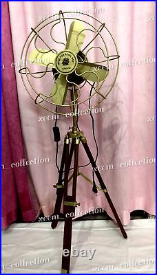 Antique Brass Pedestal Floor Fan Vintage Style With Wooden Tripod Stand x-mas