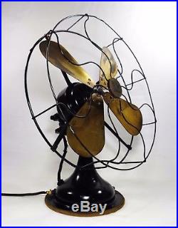 Antique Early 20th C Robbins & Myers 4 Brass Blade Oscillating Elec Pedestal Fan