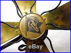 Antique Early 20th C Robbins & Myers 4 Brass Blade Oscillating Elec Pedestal Fan