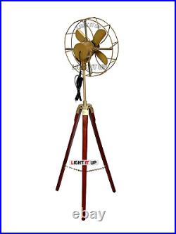 Antique Electric Motor Pedestal Fan With Wooden Tripod Stand Vintage Home Decor
