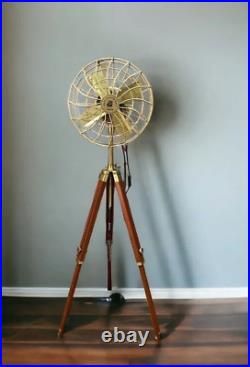 Antique Electric Pedestal Floor Fan Vintage Style With Wooden Tripod Stand Decor