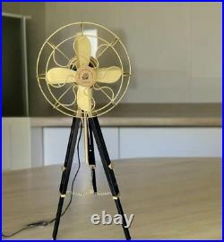 Antique Electric Pedestal Floor Fan Vintage Style With Wooden Tripod Stand Decor