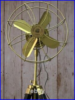 Antique Electric Pedestal Floor Fan Vintage Style With Wooden Tripod Stand Decor