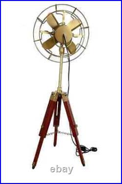 Antique Electric Pedestal Floor Fan Vintage Style With Wooden Tripod Stand Decor