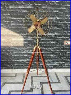 Antique Finish Pedestal Fan on Adjustable Wood Tripod Stylish Electric Floor F