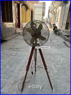 Antique Finish Pedestal Fan on Adjustable Wood Tripod Stylish Electric Floor F