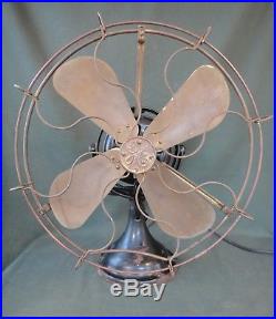 Antique GE 16 Brass Blade & Cage Kidney Fan Works & Oscillates w Pin Tilt