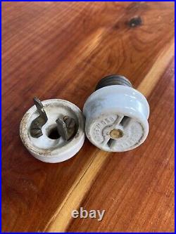 Antique Hubbell Electric Porcelain Screw In Electric Plug Early Brass Fan Part