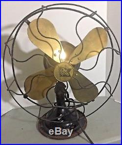 Antique R&M Robbins & Myers Cast Iron 4 Brass Blade Fan Working 18 inches