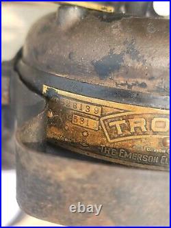 Antique TROJAN EMERSON FAN FOUR BLADES CAST BRASS CAGE IRON BASE SPEEDS 5310
