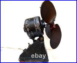 Antique Very Rare British Cast Iron Miniature Electric Fan 7.8´´ Leather Blades