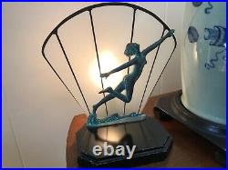 Art Deco Bronze Nude Woman Table Lamp Metal base glass frosted stripe slip Shade