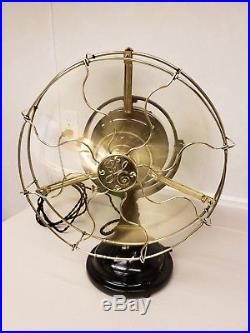 Beautiful Antique Restored GE 12 Brass Blade & Cage Oscillating Kidney Fan