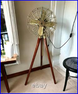 Brass Antique Finish Electric Floor Fan With Adjustable Wooden Tripod Stand gift