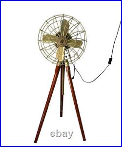 Brass Antique Finish Electric Floor Fan With Adjustable Wooden Tripod Stand gift