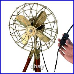 Brass Antique Finish Electric Floor Fan With Adjustable Wooden Tripod Stand gift