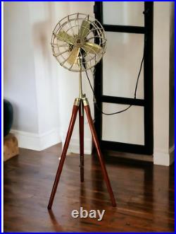 Brass Antique Finish Electric Floor Fan With Adjustable Wooden Tripod Stand gift