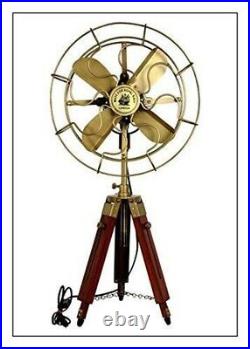 Brass Antique Floor Standing Electric Fan Royal Navy London Fan With Wood Tripod