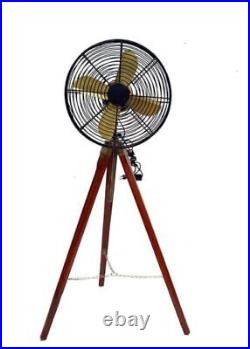 Brass Antique Pedestal Floor Fan Vintage Style With Wooden Tripod Stand Decor