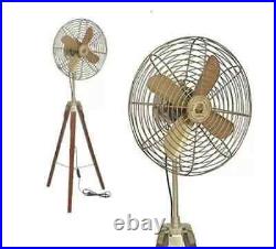 Brass Electric Fan with Wooden Tripod Stand Home Decor Table Fan Antique