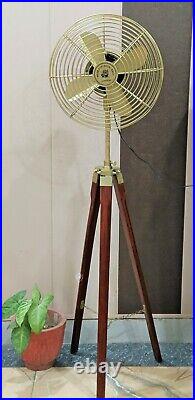 Handmade Antique Floor Fan, Royal Navy Fan With Brown Wooden Tripod Stand