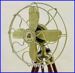 Nautical Antique Brass Fan With Wooden Tripod Stand Working Home Decor