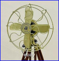 Nautical Antique Brass Fan With Wooden Tripod Stand Working Home Decor