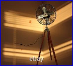 Nautical Brass Antique Electric Pedestal Fan With Wooden Tripod Stand Decor