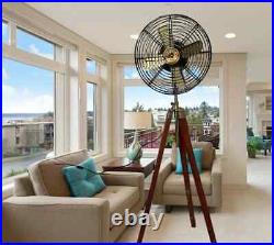 Nautical Brass Antique Electric Pedestal Fan With Wooden Tripod Stand Decor gift