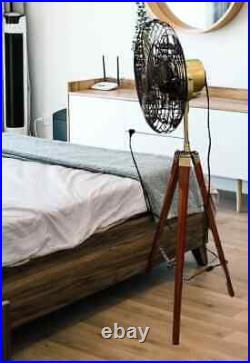 Nautical Brass Antique Electric Pedestal Fan With Wooden Tripod Stand Decor gift