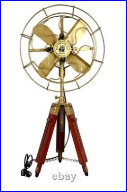 Nautical Brass Antique Electric Pedestal Fan With Wooden Tripod Stand Vintage