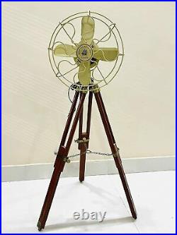 Royal Navy Adjustable Antique Floor Fan With Brown Wooden Tripod Stand By Areeva