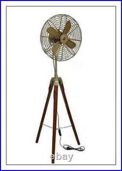 Vintage Antique Style Brass Floor Fan With Adjustable Wooden Tripod Home Decor