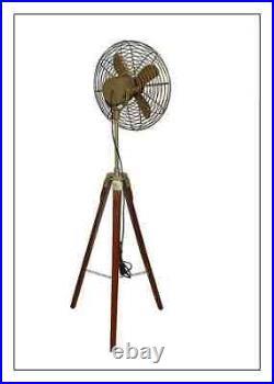 Vintage Antique Style Brass Floor Fan With Adjustable Wooden Tripod Home Decor