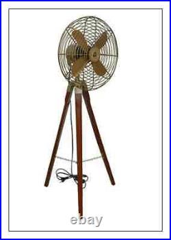 Vintage Antique Style Brass Floor Fan With Adjustable Wooden Tripod Home Decor