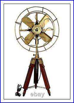 Vintage Brass Antique Electric Pedestal Fan With Wooden Tripod Stand