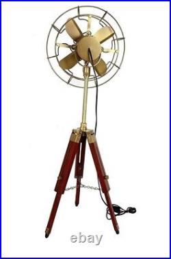 Vintage Electric Pedestal Fan With Wooden Tripod Stand Brass Finish Nautical