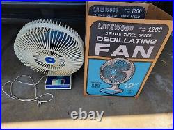 Vintage Lakewood Oscillating Fan Model 1200, 12, 3 Speed, Blue Blade In Box