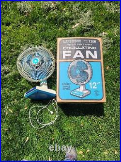 Vintage Lakewood Oscillating Fan Model 1200, 12, 3 Speed, Blue Blade In Box