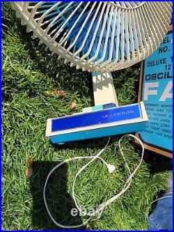 Vintage Lakewood Oscillating Fan Model 1200, 12, 3 Speed, Blue Blade In Box