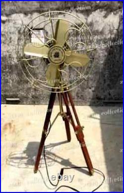 Vintage Nautical Brass Antique Electric Pedestal Fan With Wooden Tripod Stand